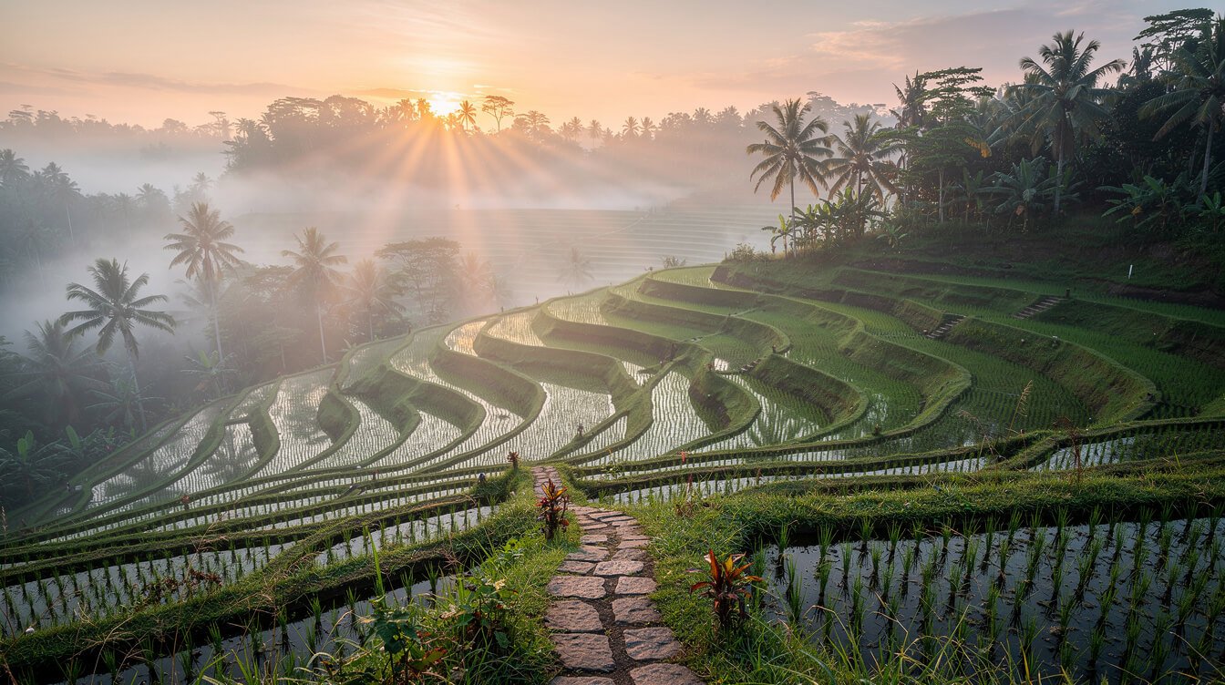 Misty rice terraces at sunrise near Ubud, Bali