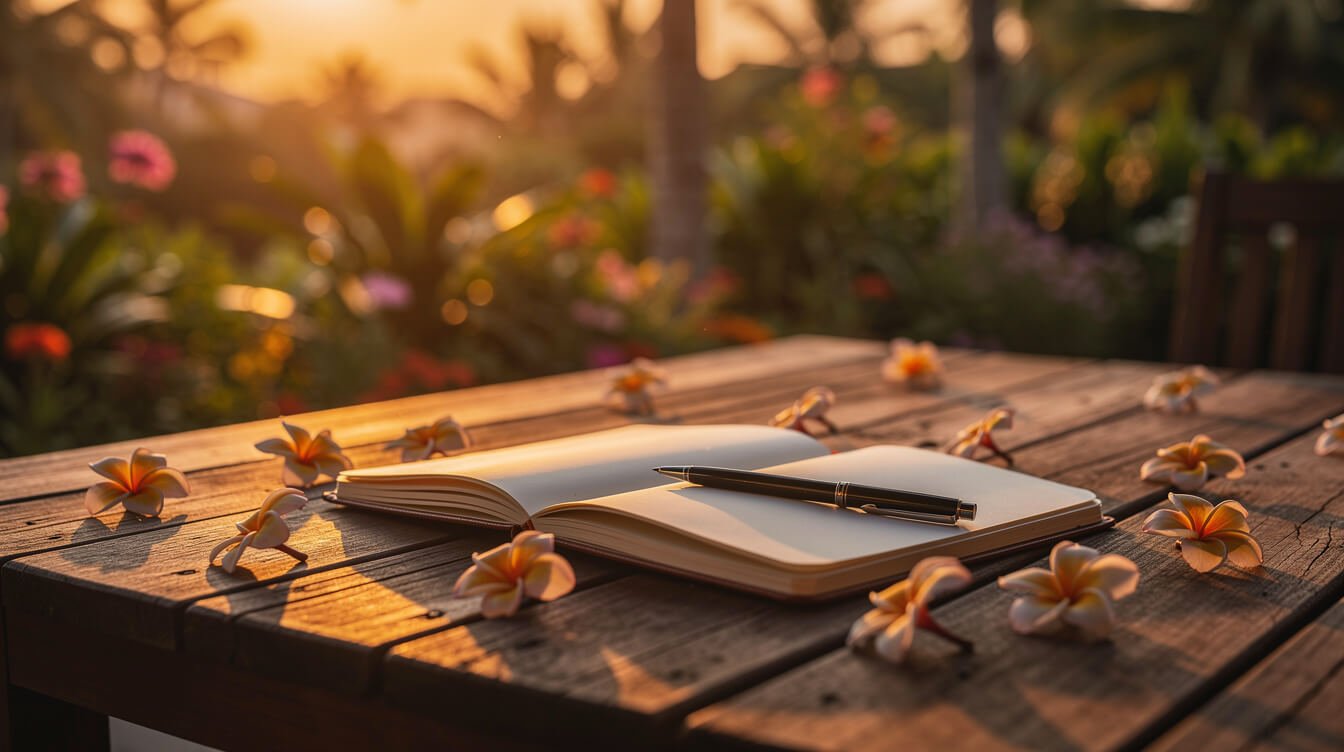 Open notebook and frangipani blossoms on a villa deck at sunset