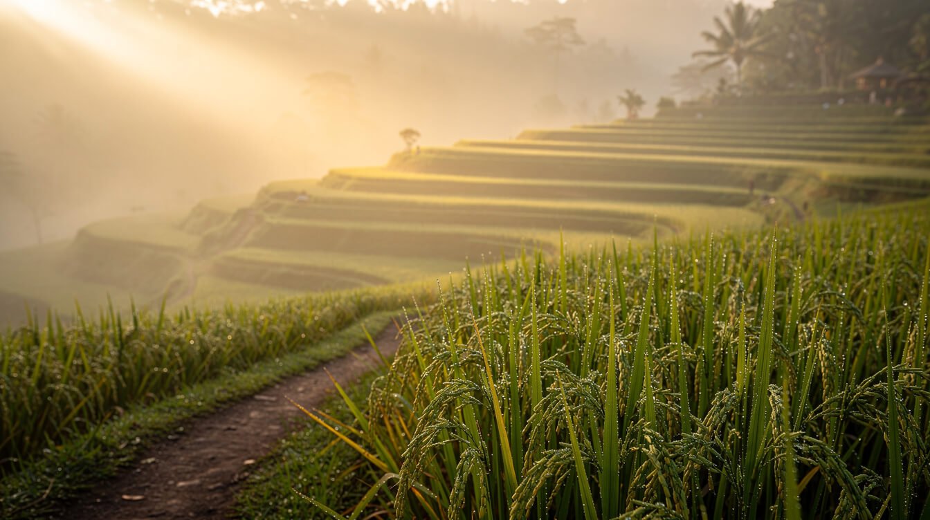 Misty rice terraces at sunrise near Ubud