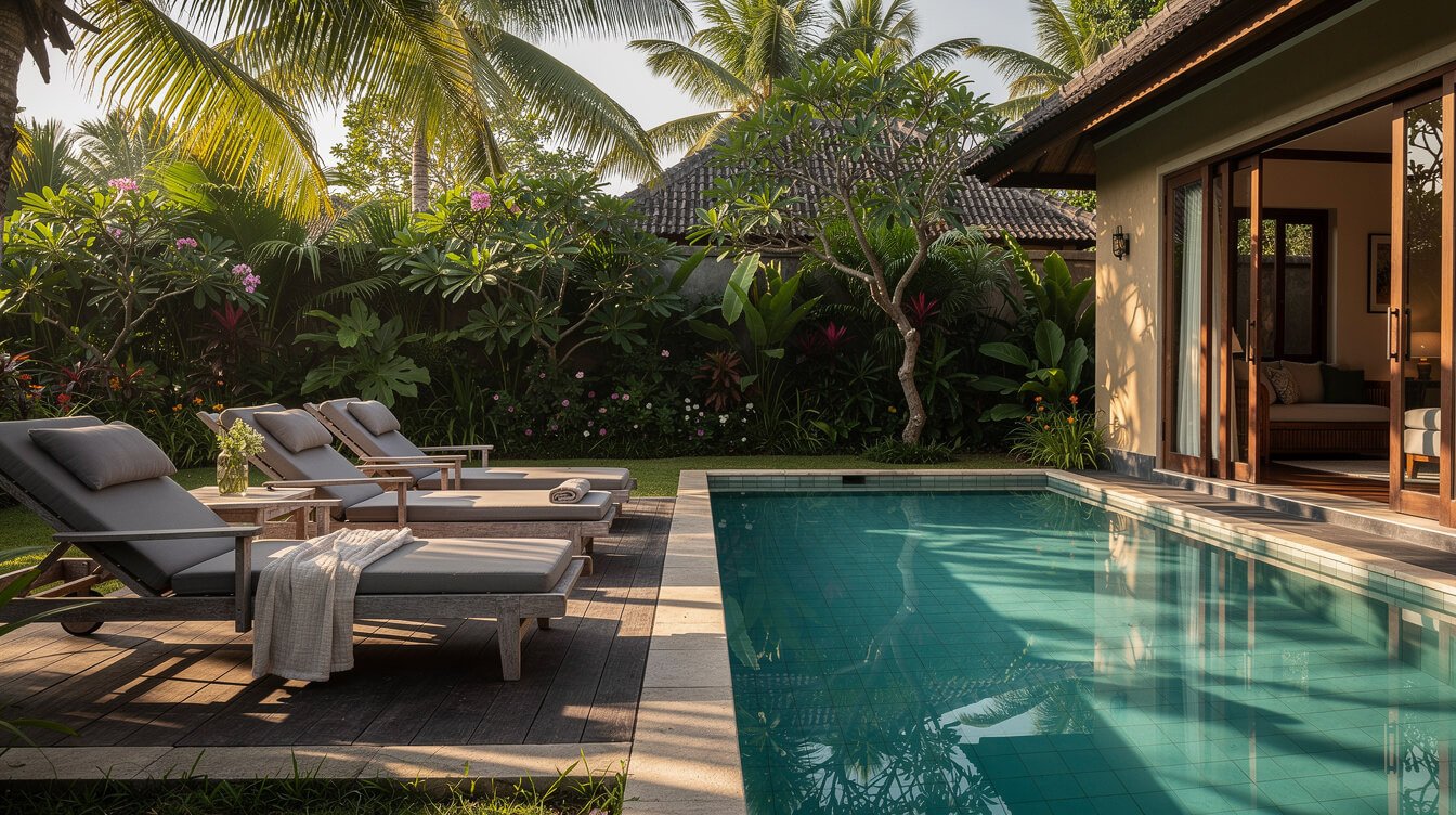 Private pool deck framed by tropical garden at Villa Amrita Ubud