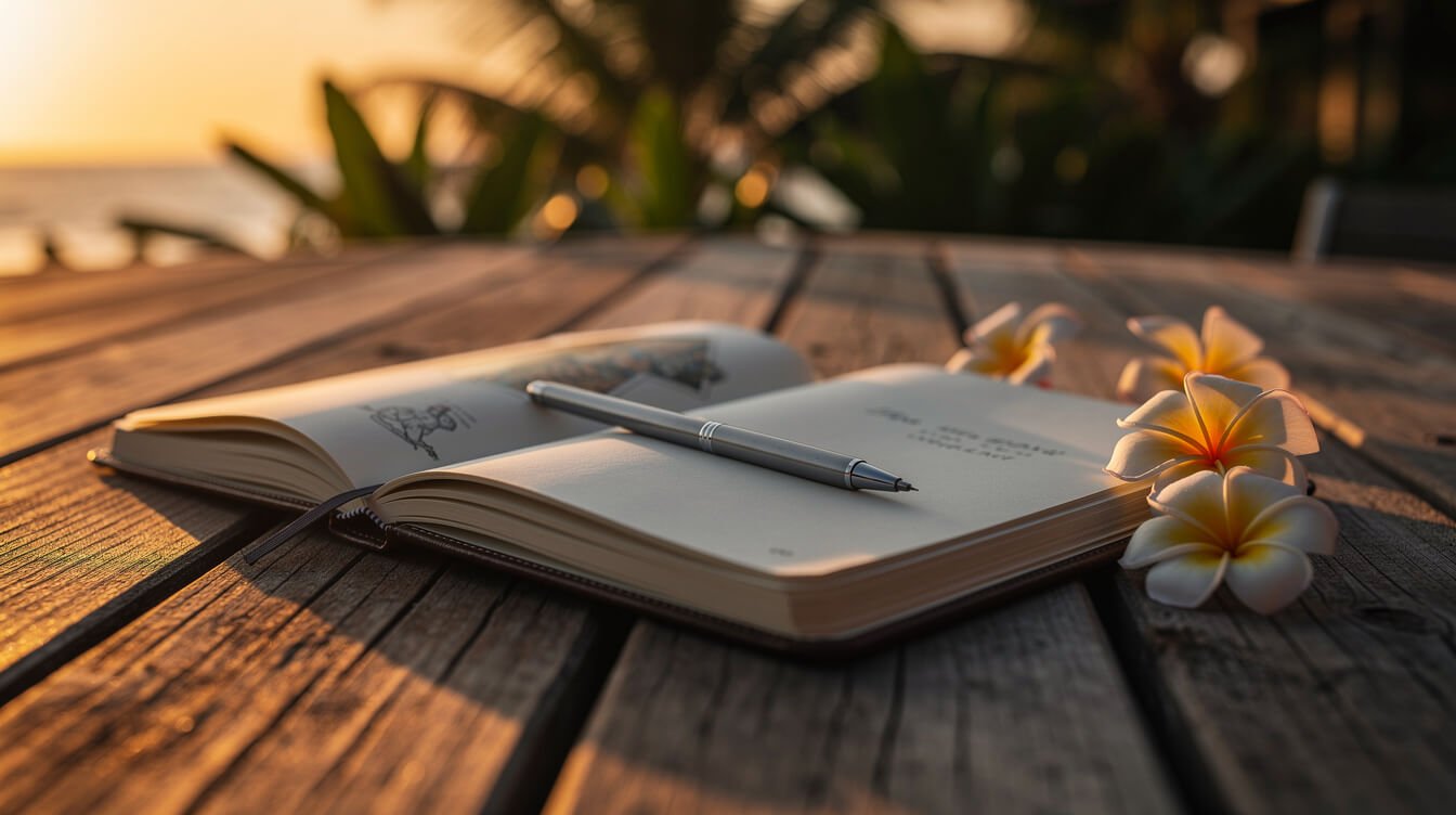 Travel journal on a sunset deck with frangipani flowers