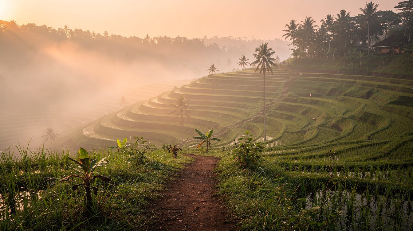 Misty rice terraces at sunrise near Ubud