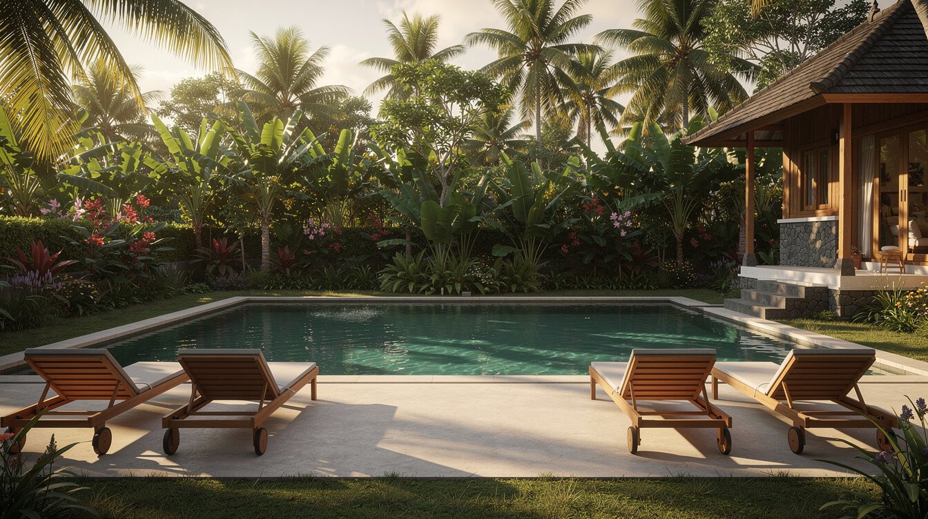 Private pool deck framed by tropical garden at Villa Amrita Ubud