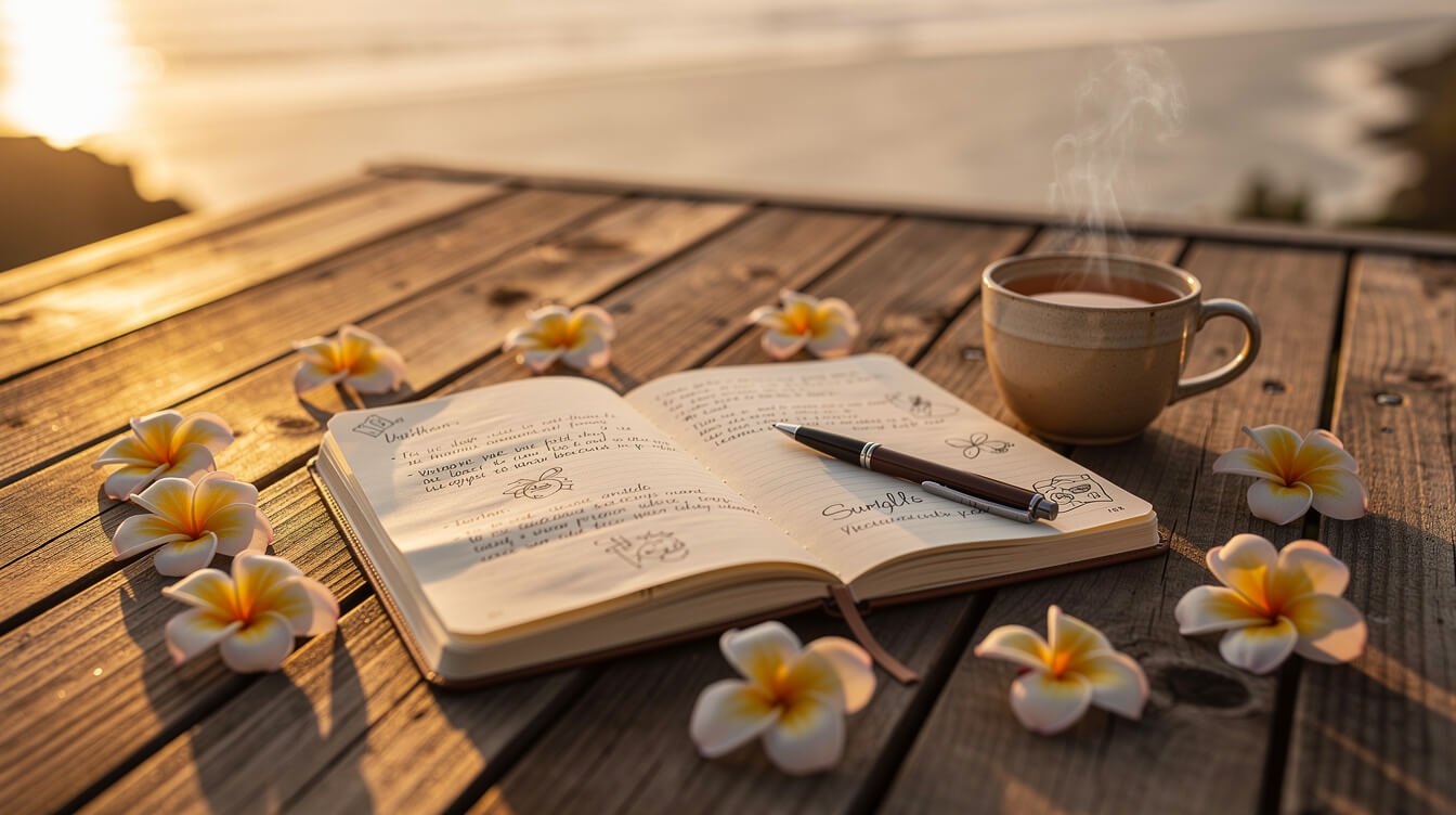 Travel journal on a sunset deck with frangipani flowers