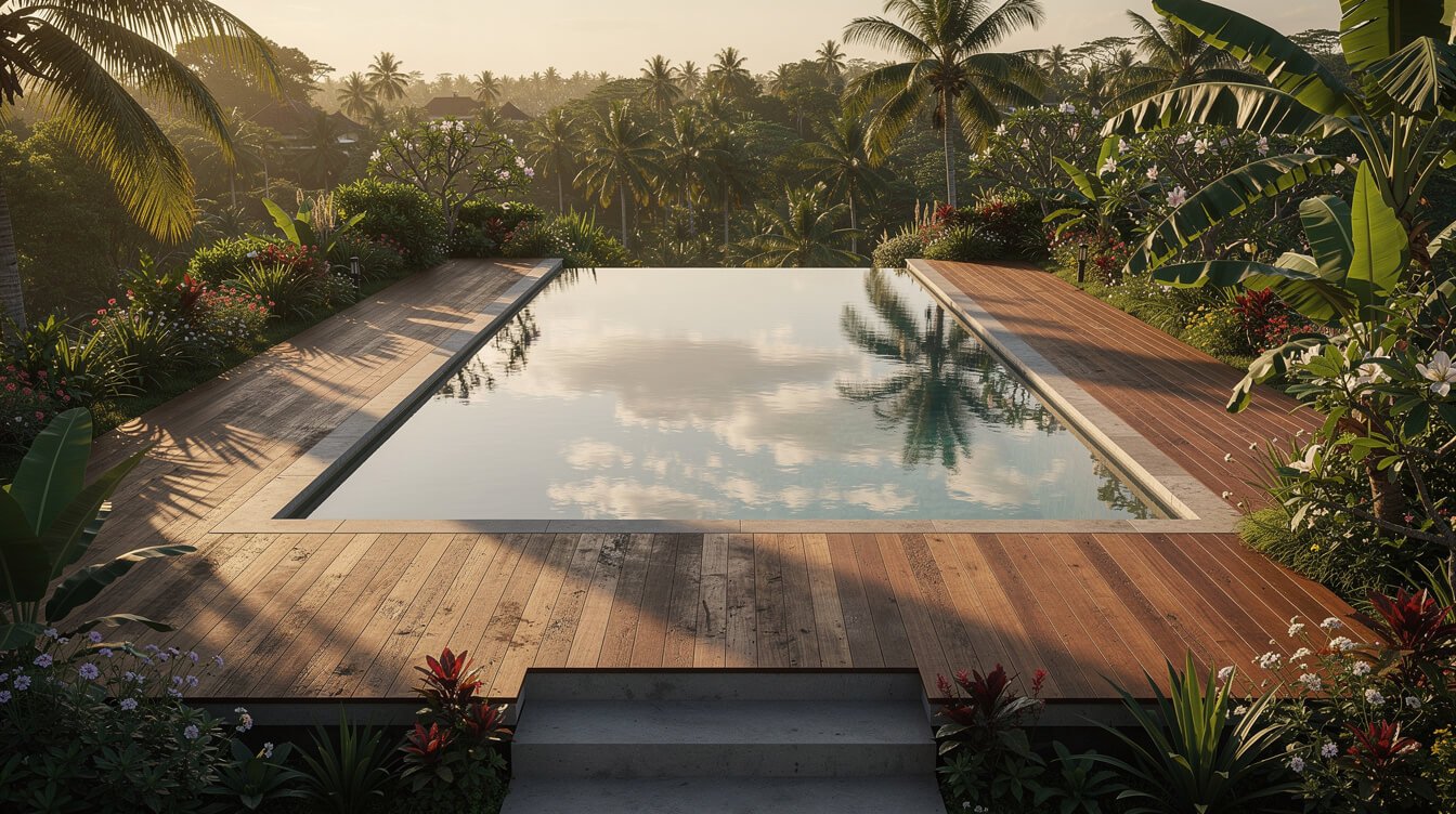 Private pool deck of a luxury villa in Ubud at golden hour