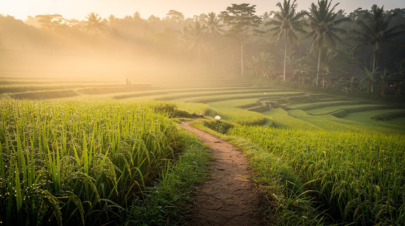 Misty rice terraces at sunrise near Ubud, Bali