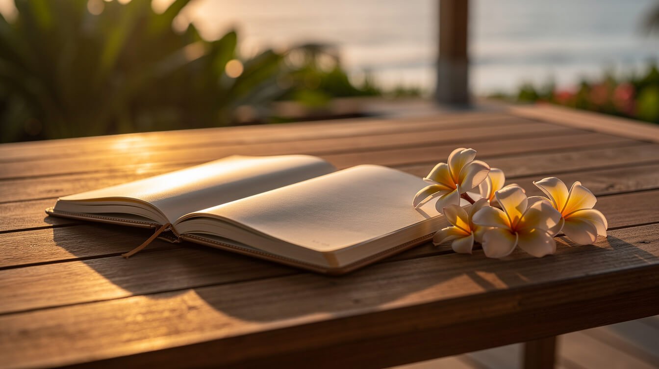 Open notebook and frangipani blossoms on a villa deck at sunset