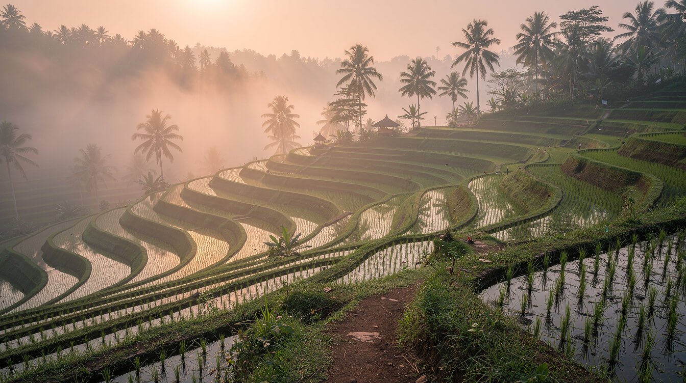 Misty rice terraces at sunrise near Ubud