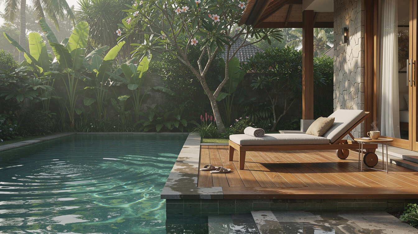 Private pool deck framed by tropical garden at Villa Amrita Ubud