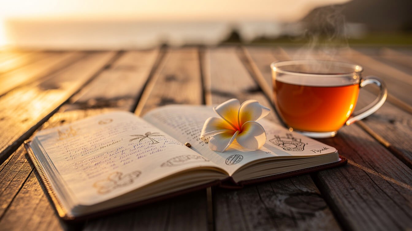 Travel journal and ginger tea on a sunset deck with a frangipani flower