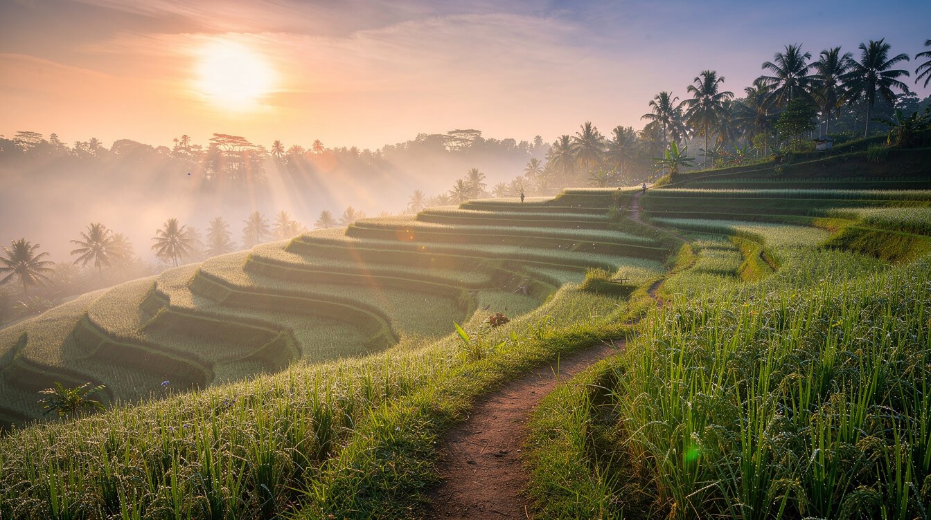 Misty rice terraces at sunrise near Ubud