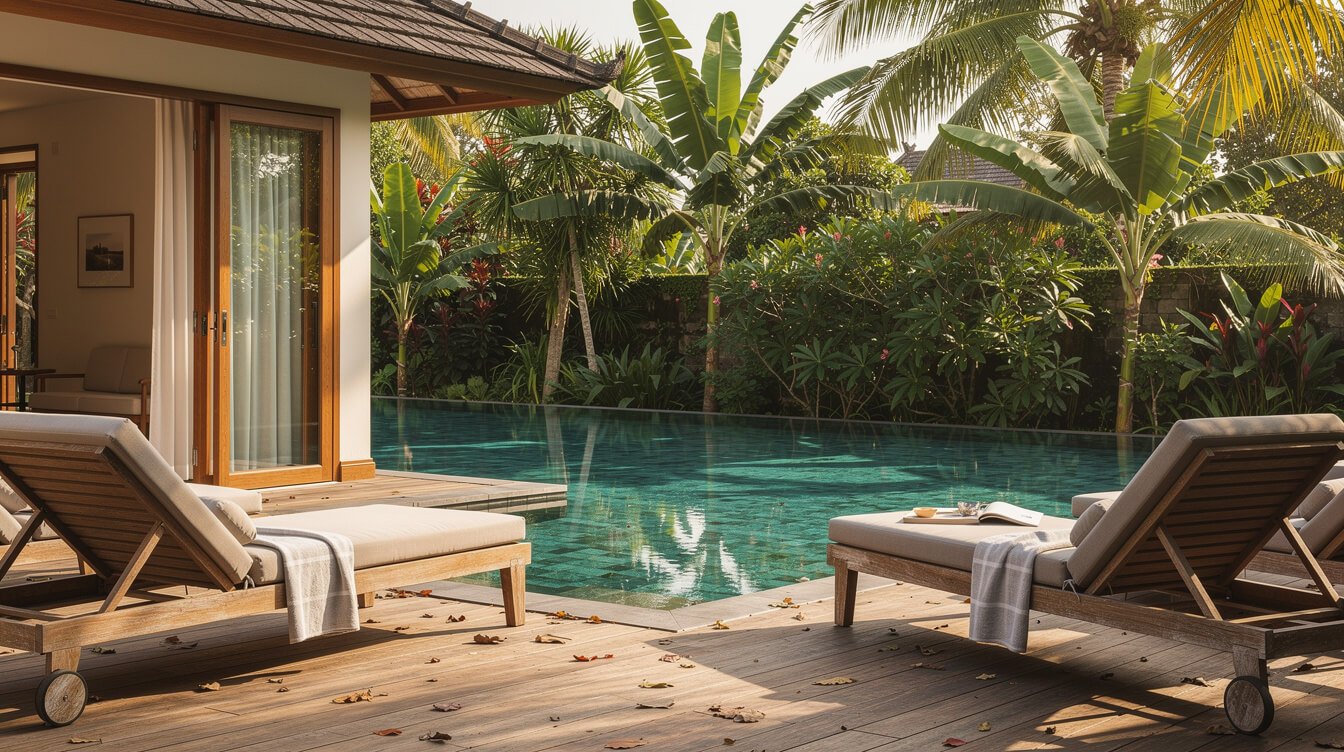Private pool deck framed by tropical garden at Villa Amrita Ubud