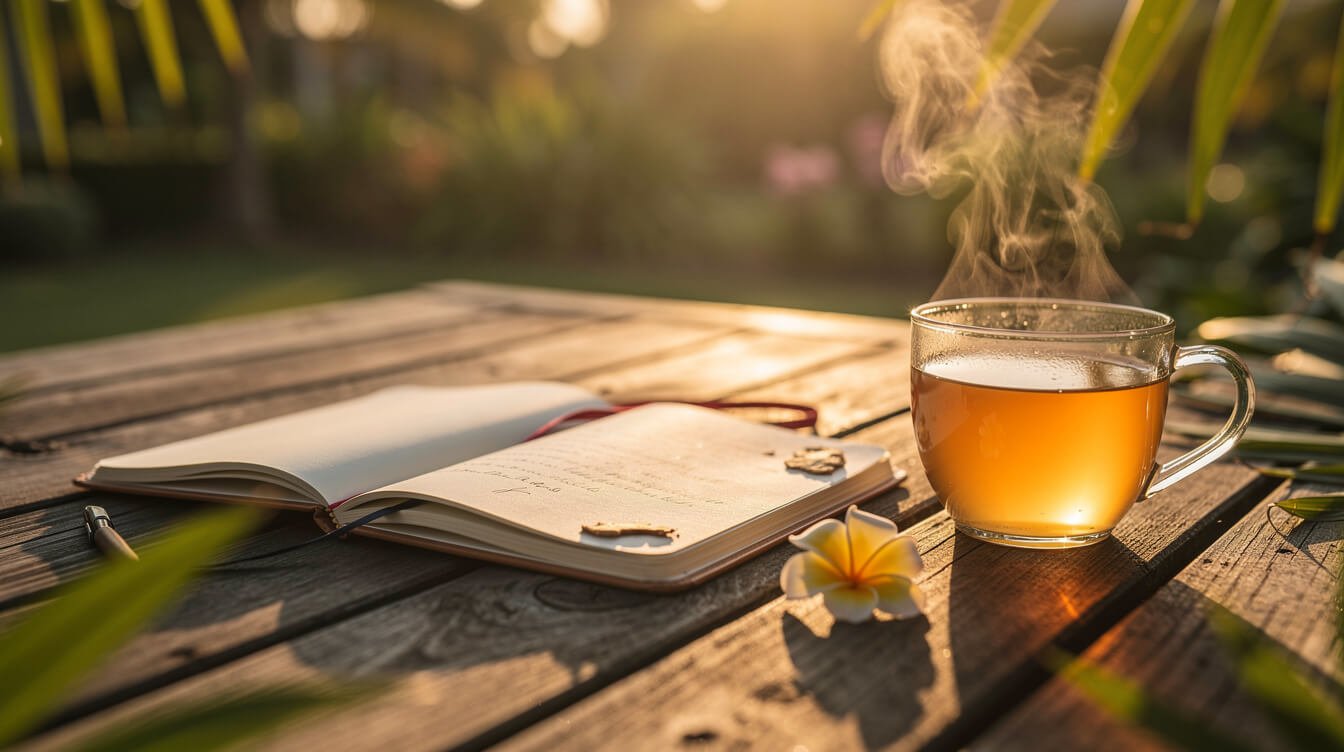 Travel journal and ginger tea on a sunset deck with a frangipani flower