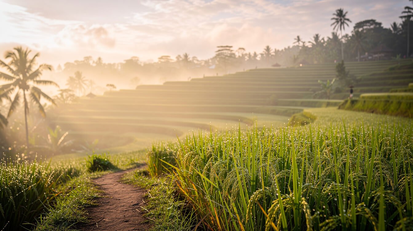 Misty rice terraces at sunrise in Ubud, Bali