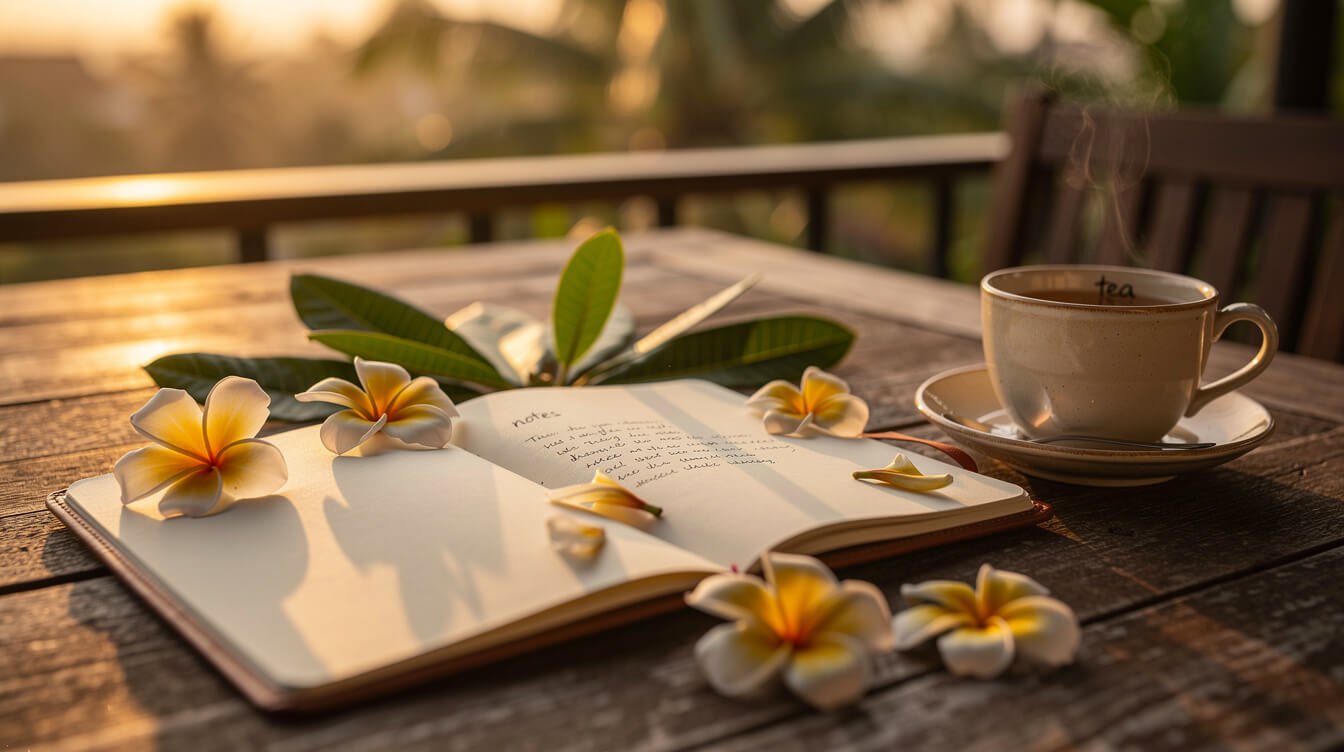 Open notebook and frangipani blossoms on a villa deck at sunset