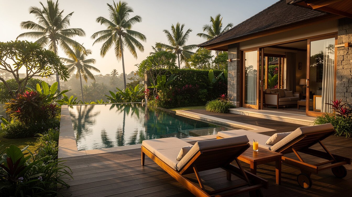 Private pool deck of a luxury villa in Ubud at golden hour