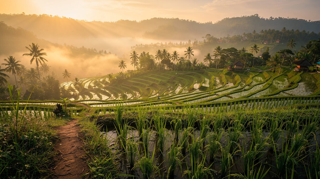 Misty rice terraces at sunrise near Ubud, Bali