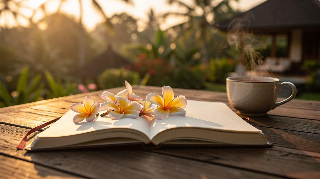 Open notebook and frangipani blossoms on a villa deck at sunset