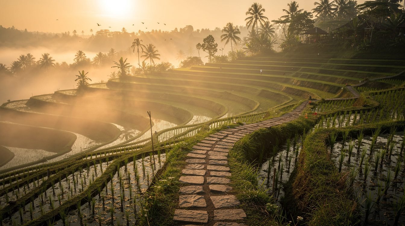 Misty rice terraces at sunrise on the way into Ubud