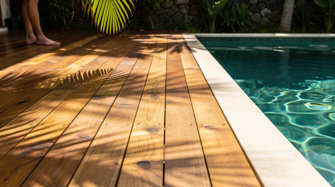 Sun-warmed teak pool deck at Villa Amrita Ubud