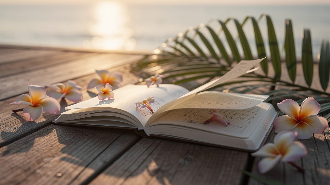 Travel journal on a sunset deck with frangipani flowers