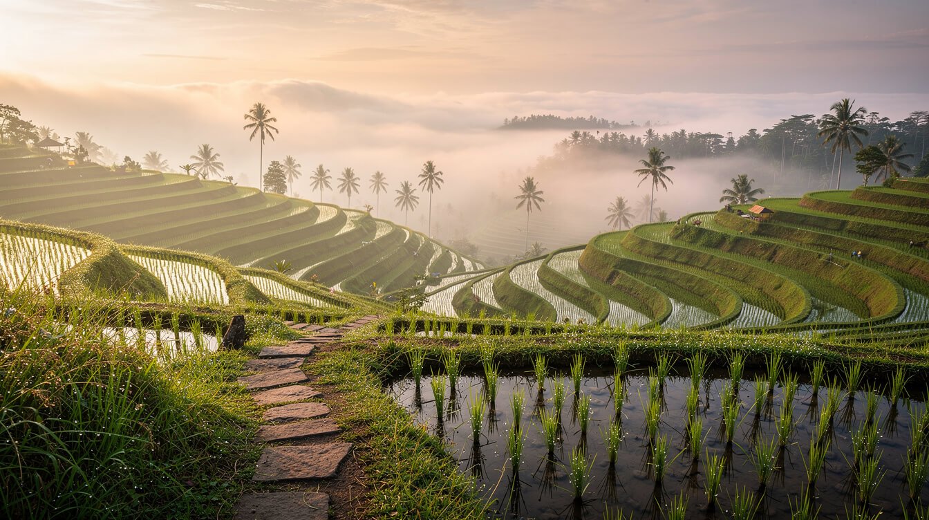Misty rice terrace sunrise near your honeymoon villa in Ubud