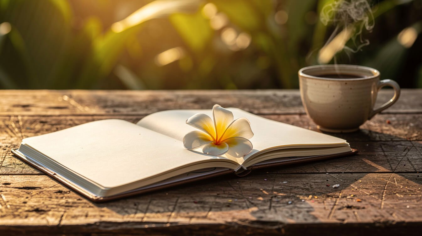 Journal and coffee for staying in touch with Villa Amrita