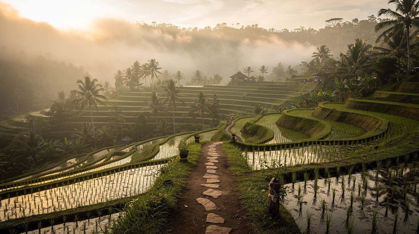 Misty rice terraces at sunrise on the road into Ubud