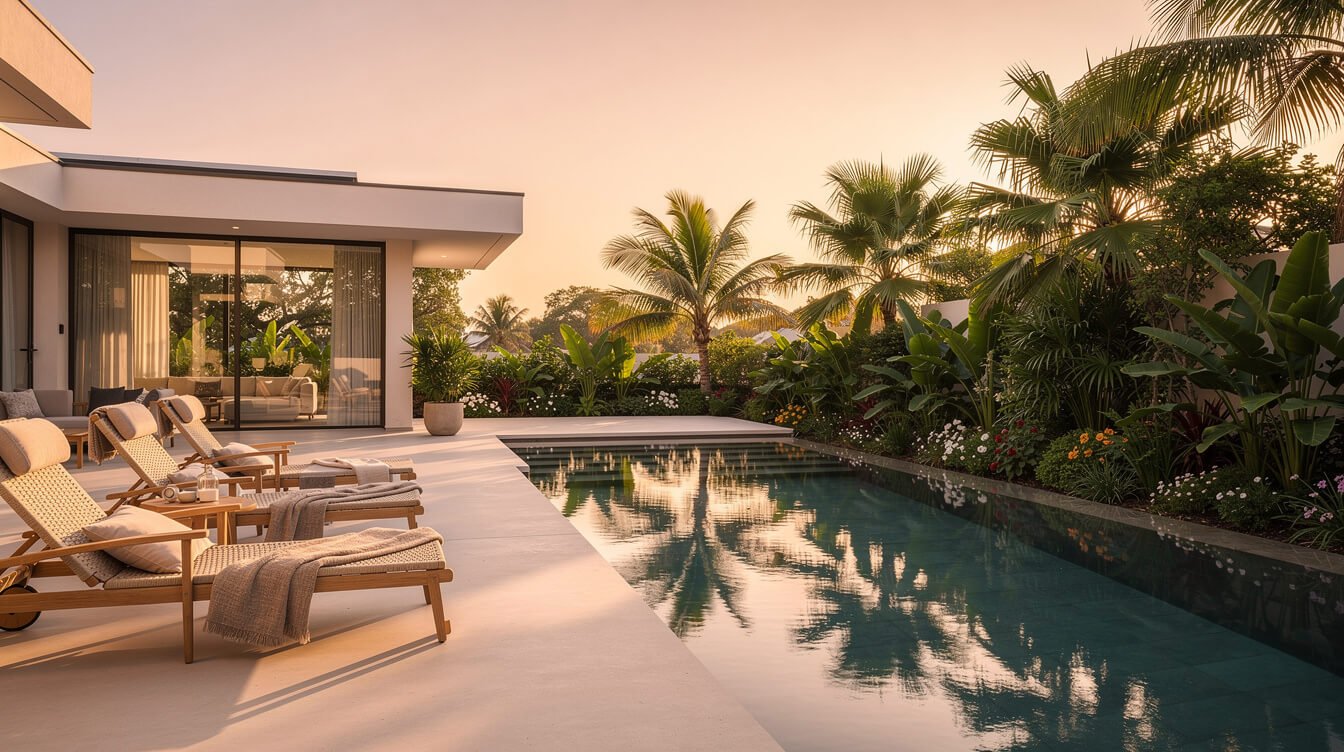 Villa Amrita pool deck at golden hour