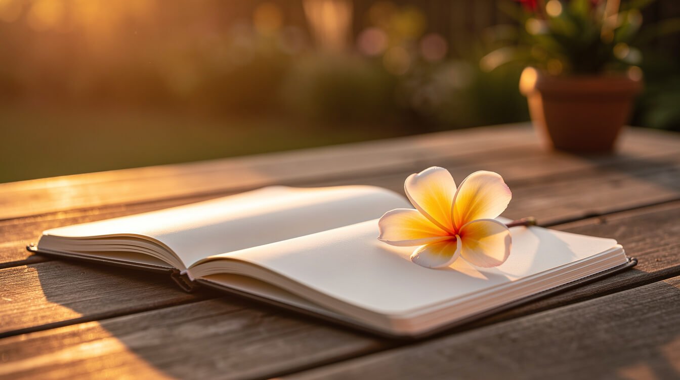 Open notebook with a frangipani flower at sunset