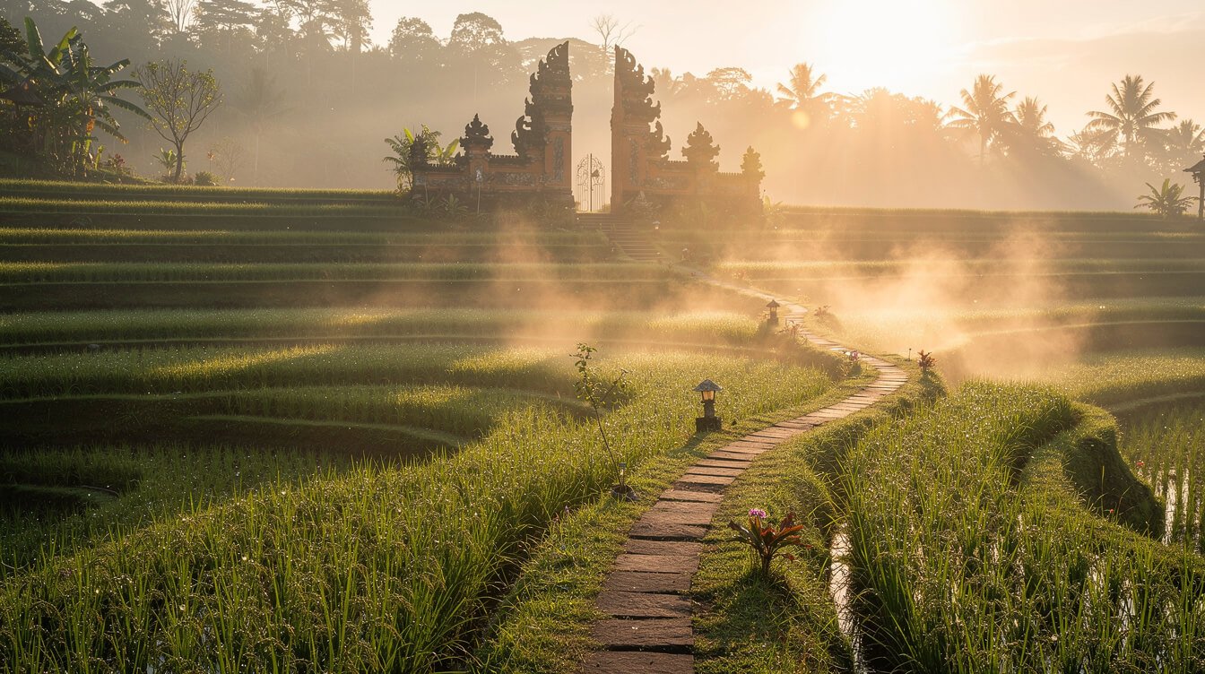 Misty Ubud rice terraces at sunrise