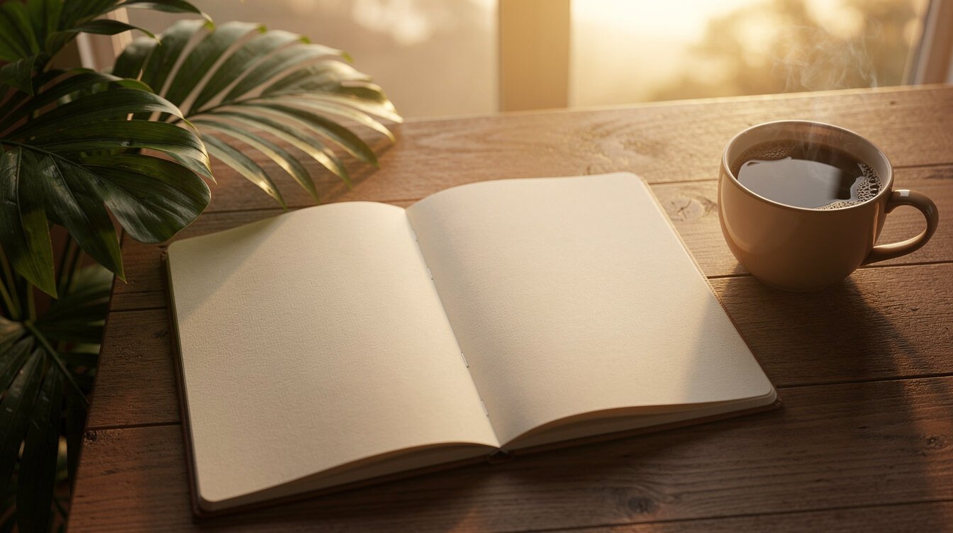 Open notebook and coffee, sunset light, staying in touch from Ubud