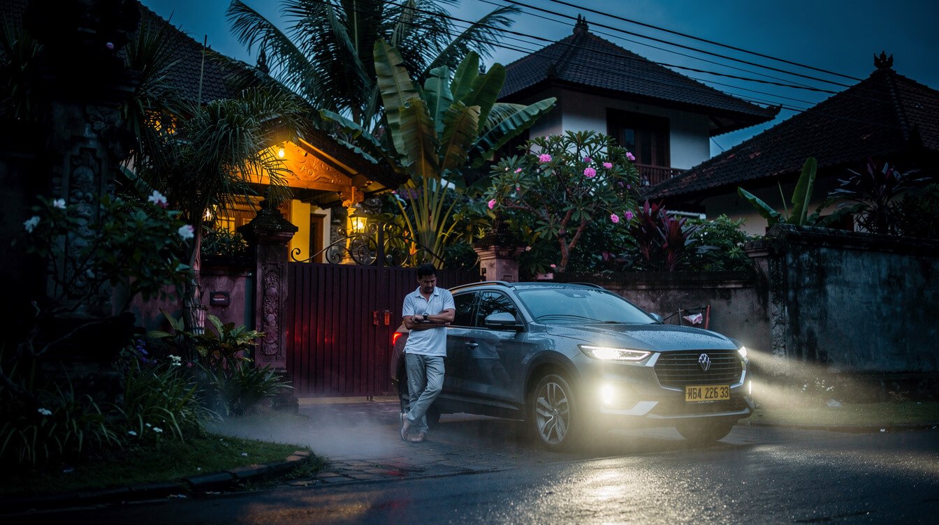 driver waiting outside villa gate before dawn in Ubud