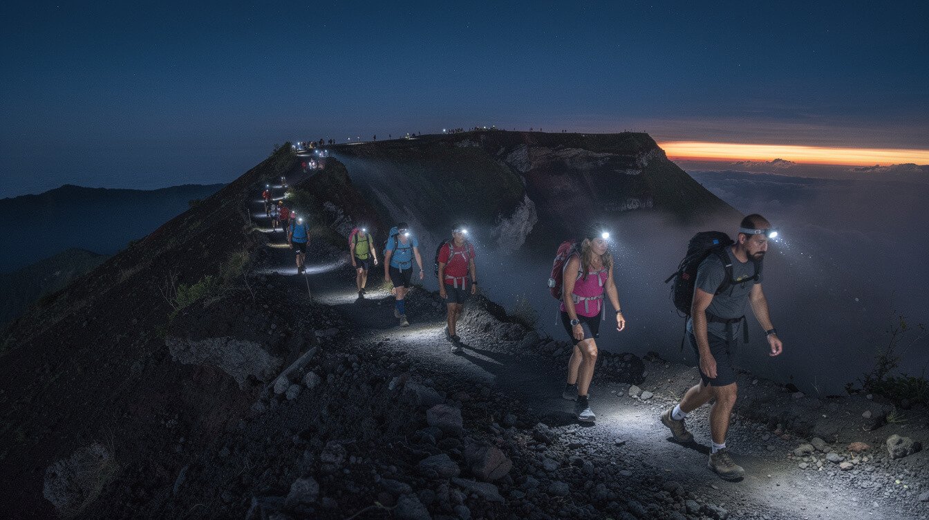 hikers climbing Mount Batur trail with headlamps before dawn