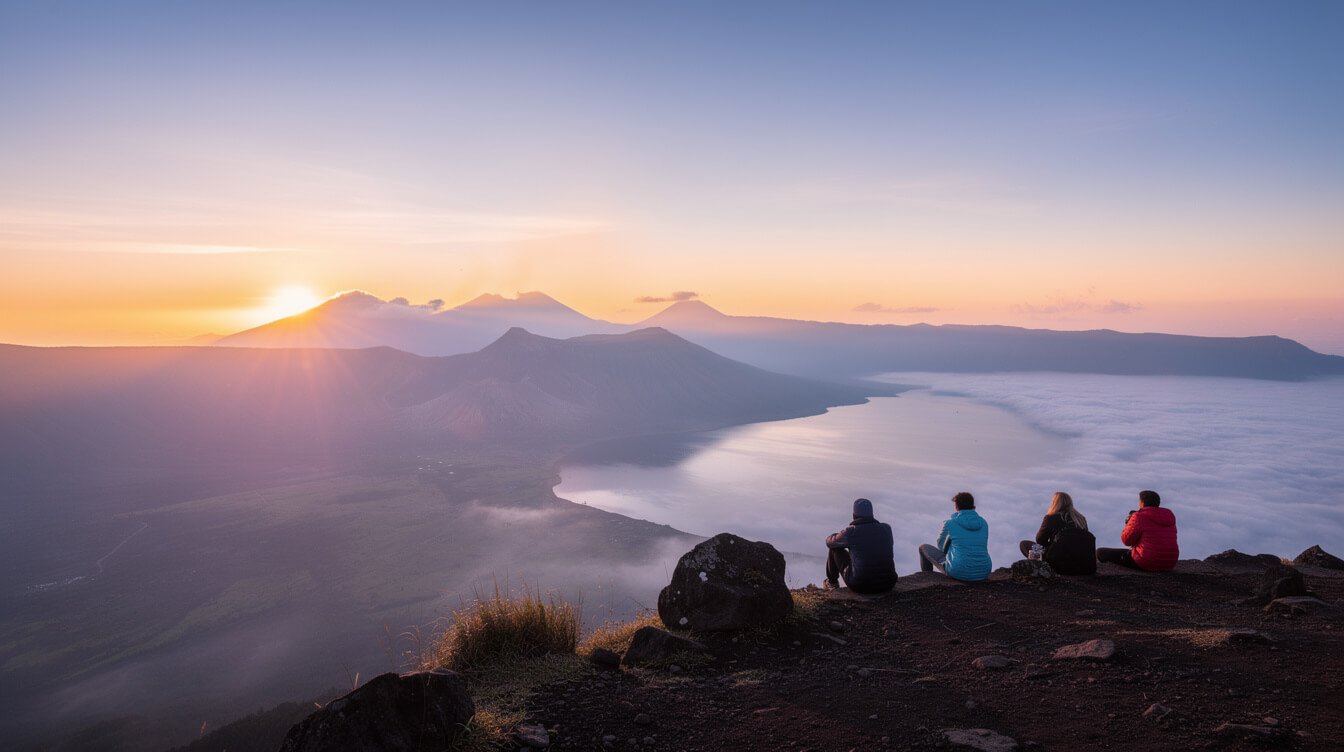 sunrise breaking over Mount Batur summit and caldera