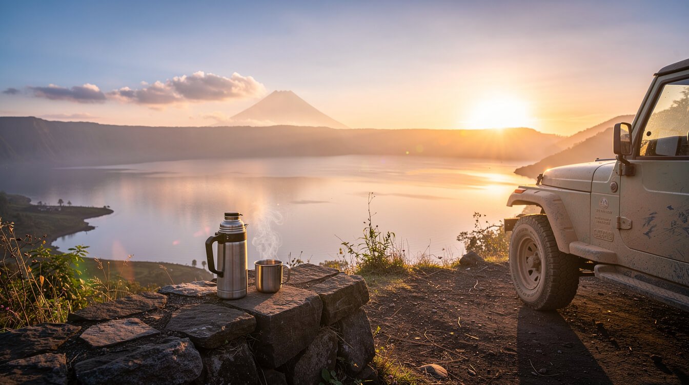sunrise over Lake Batur from a caldera rim viewpoint