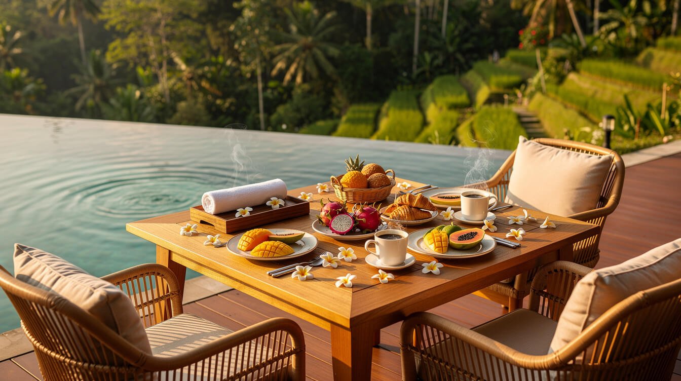 villa pool deck breakfast with tropical fruit and coffee