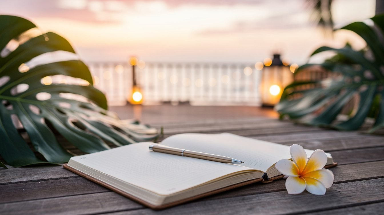 open notebook with frangipani flower, Villa Amrita newsletter signup