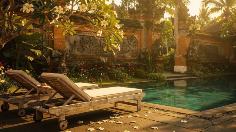 three bedroom villa bali pool deck at golden hour