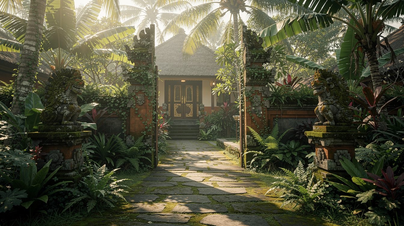 three bedroom villa bali entrance path through tropical garden
