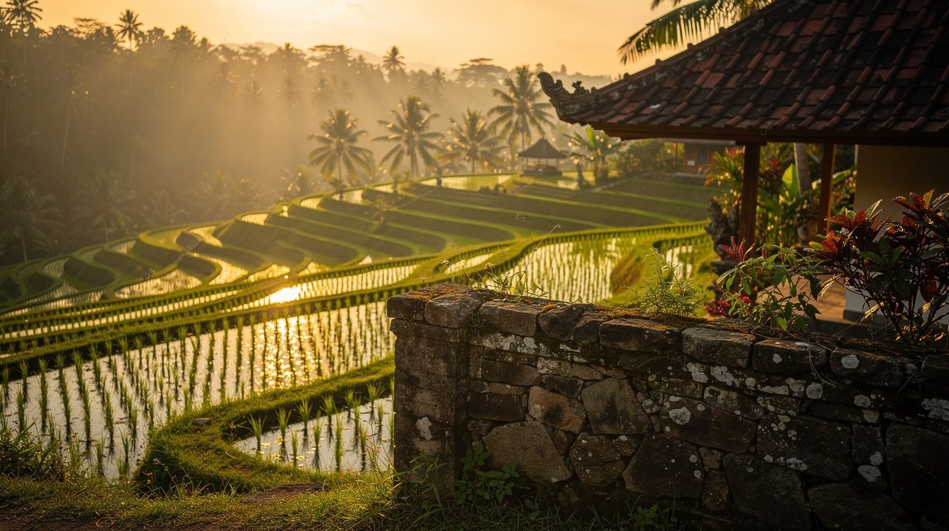 rice terraces near a three bedroom villa in Ubud Bali at golden hour