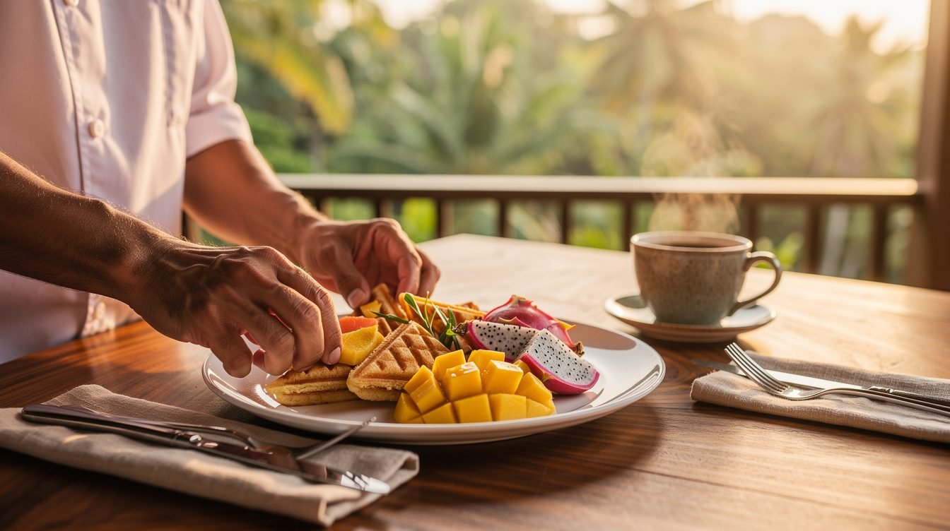 chef plating breakfast on a villa terrace in Ubud