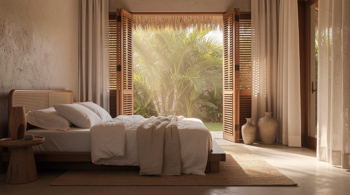 private villa bedroom interior with garden view in Bali