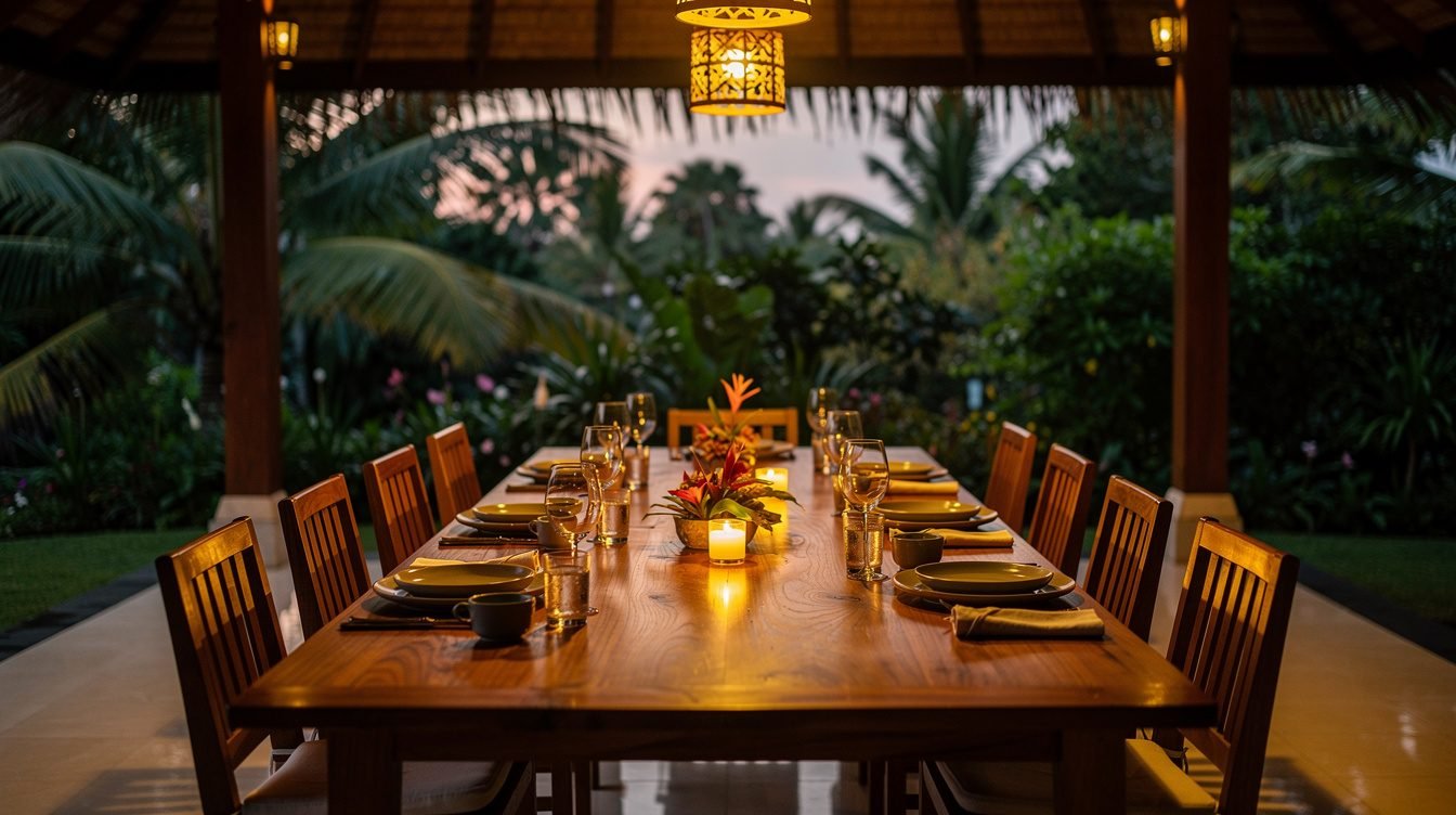 long dining table set for a group meal at a Bali villa