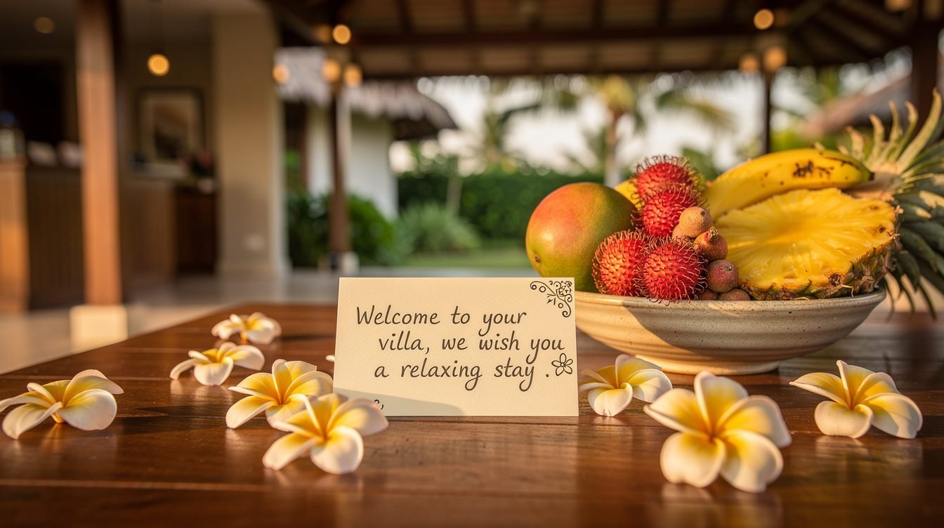 villa welcome table with frangipani and tropical fruit in Ubud