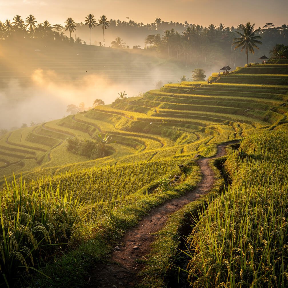 Rice terraces in morning mist near Ubud Bali