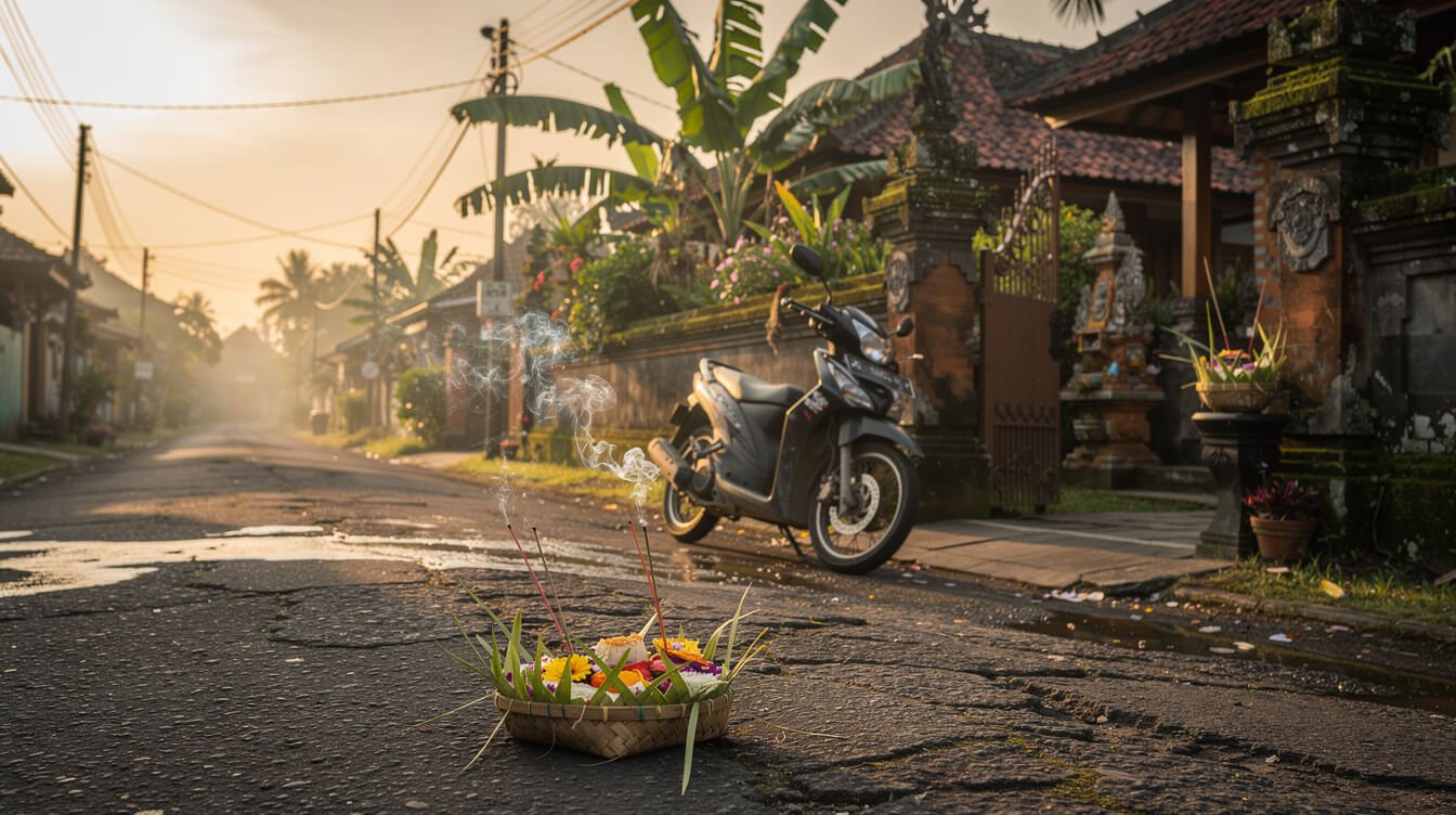 Early morning street scene in Ubud Bali with canang offering and motorbike