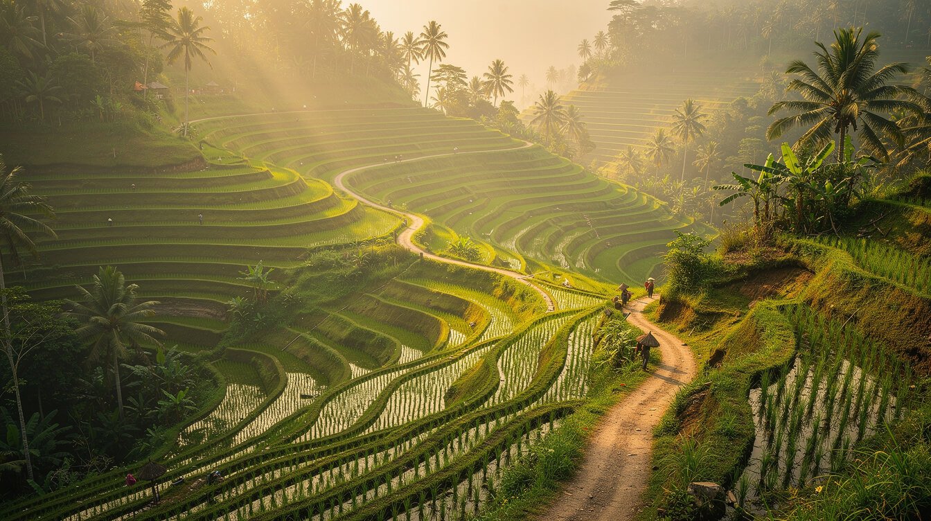 Rice terraces near Ubud Bali with morning light