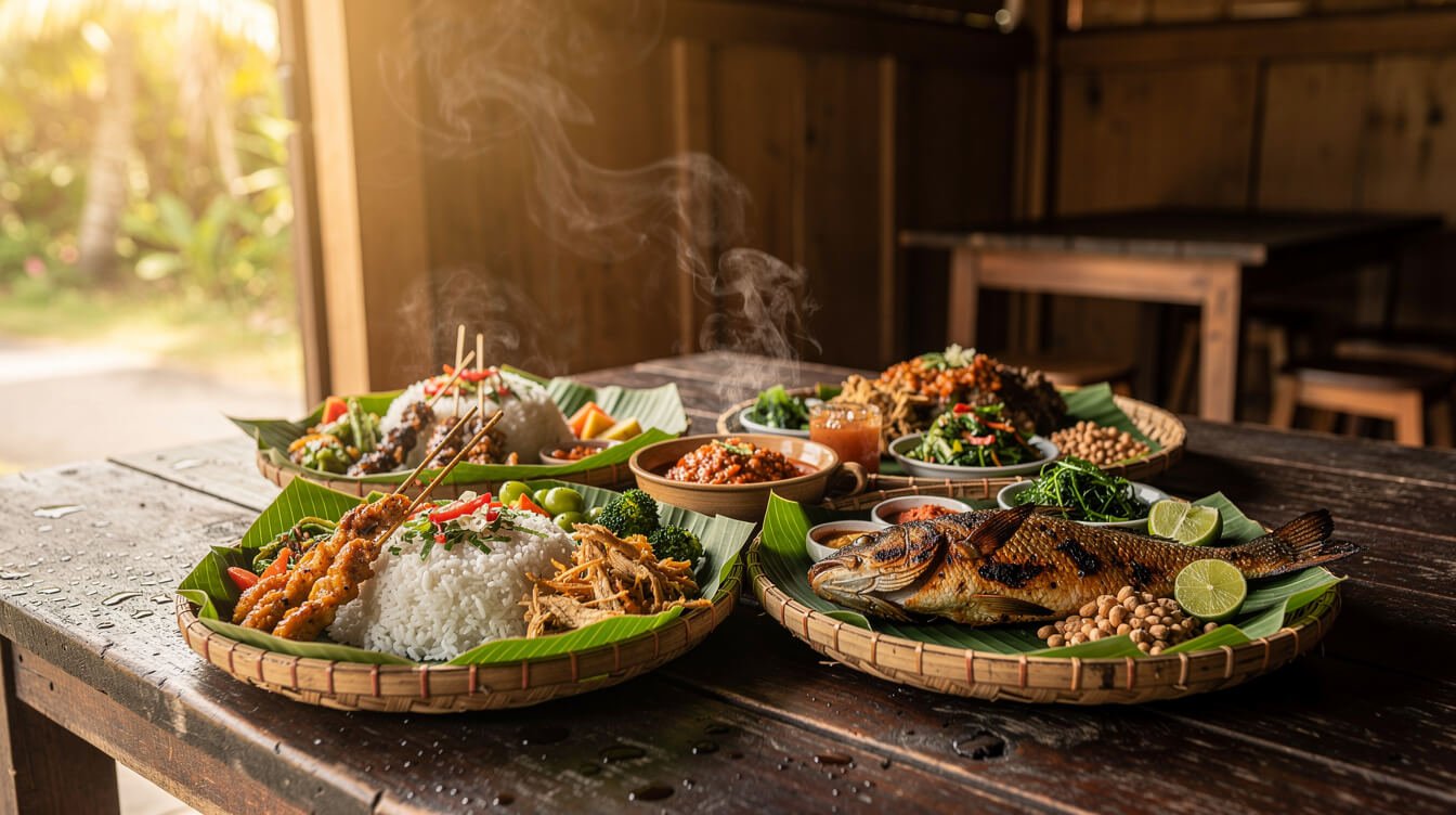 Warung table with Balinese dishes in Ubud