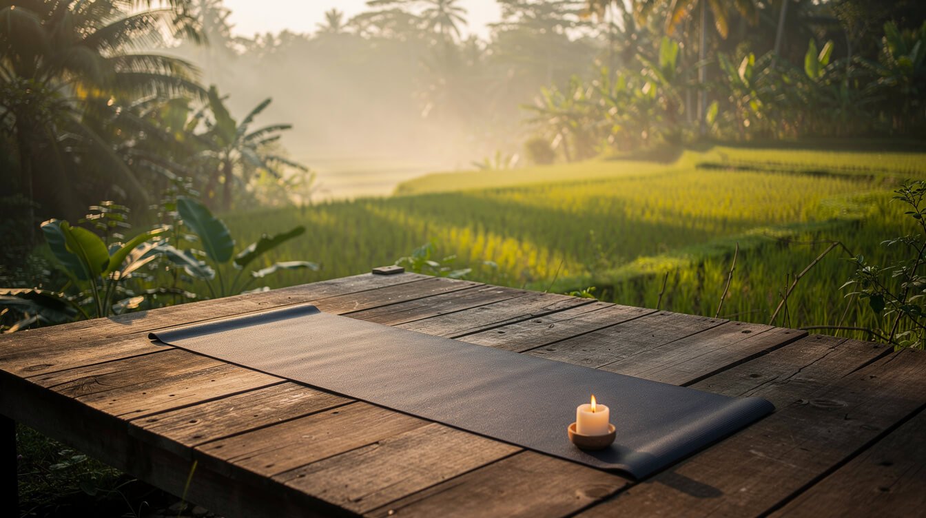 Open-air yoga platform surrounded by jungle near Ubud Bali